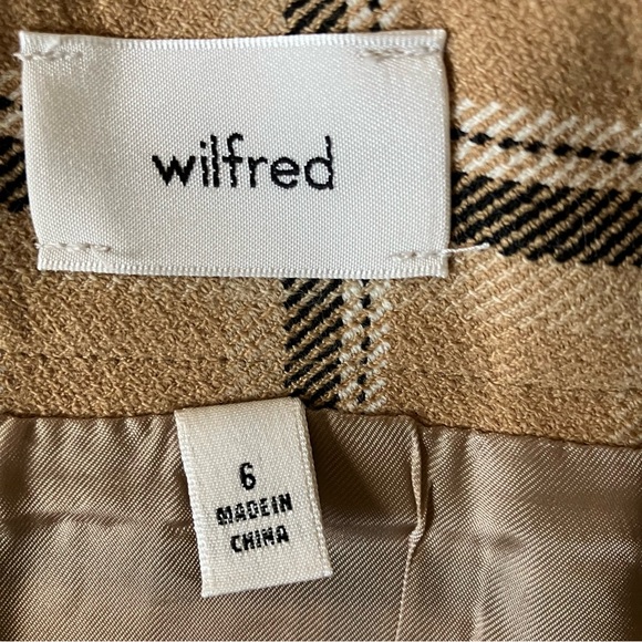 Wilfred Aritzia Plaid Mini Skirt Size 6 Tan Checkered Front Slit Preppy Academia - Picture 5 of 10